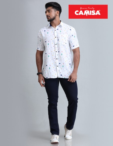 Men’s 100% linen slim fit printed shorts sleeves shirts